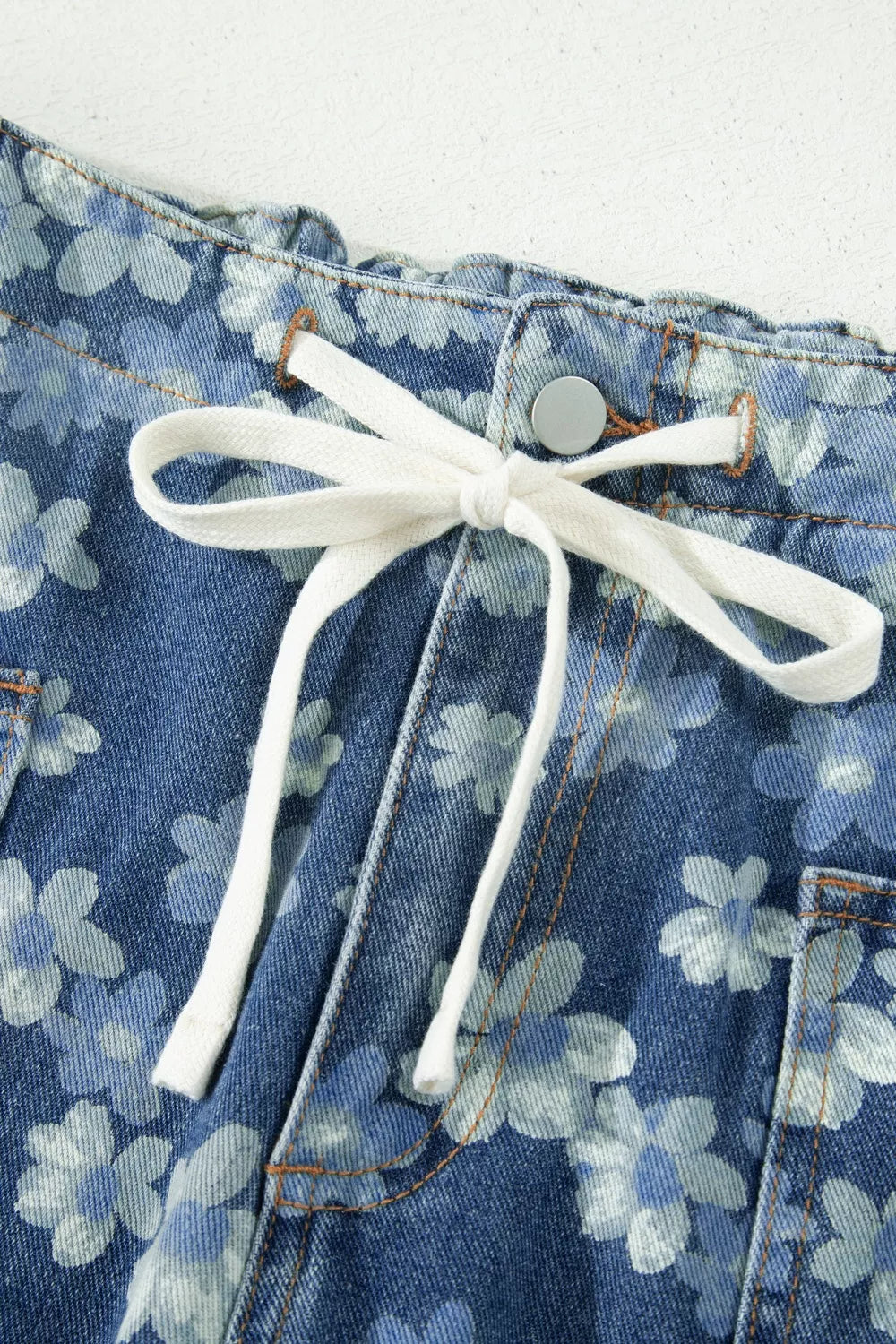 Hazel Blues® | Dainty Floral Printed Drawstring Barrel Jeans