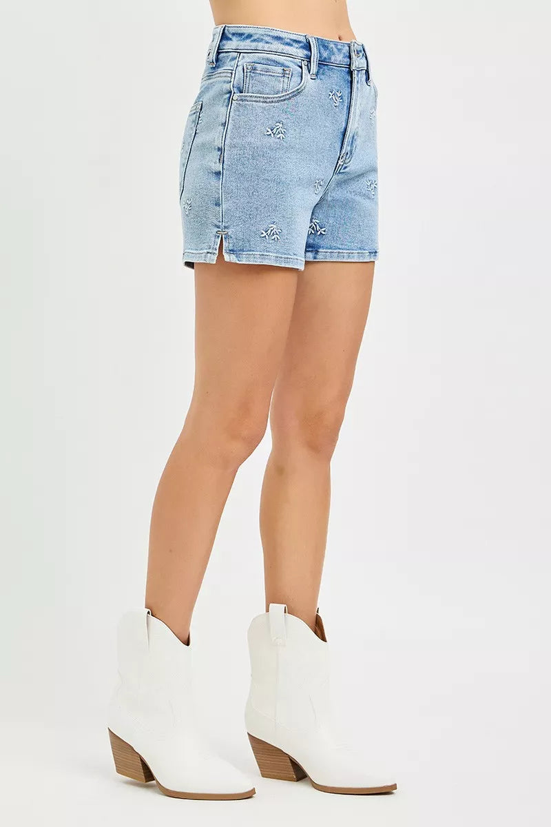 Hazel Blues® | RISEN High Rise Denim Shorts with Embroidered Detail