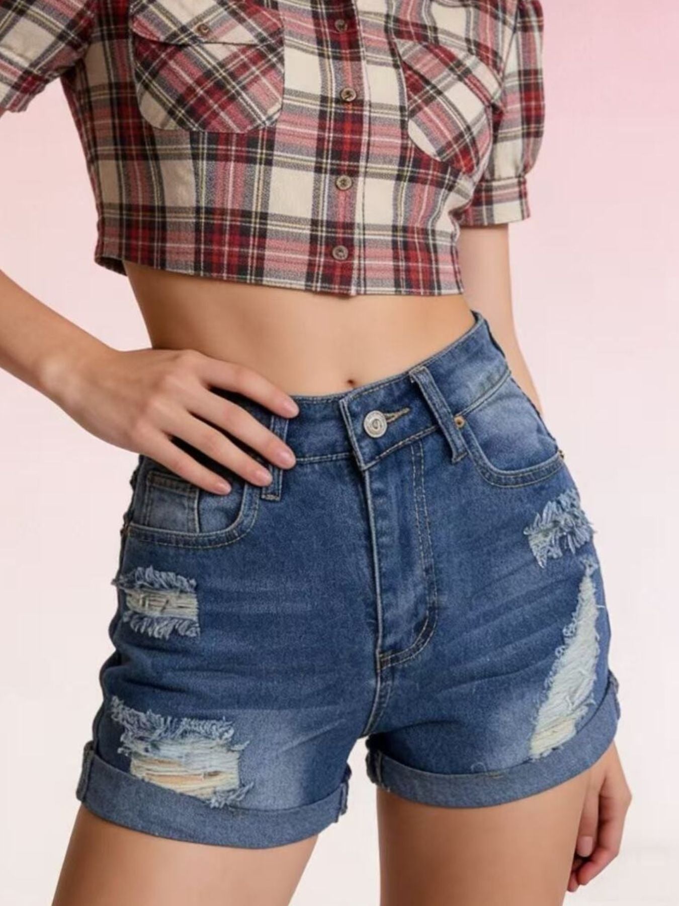 Hazel Blues® | Distressed High-Waisted Denim Shorts