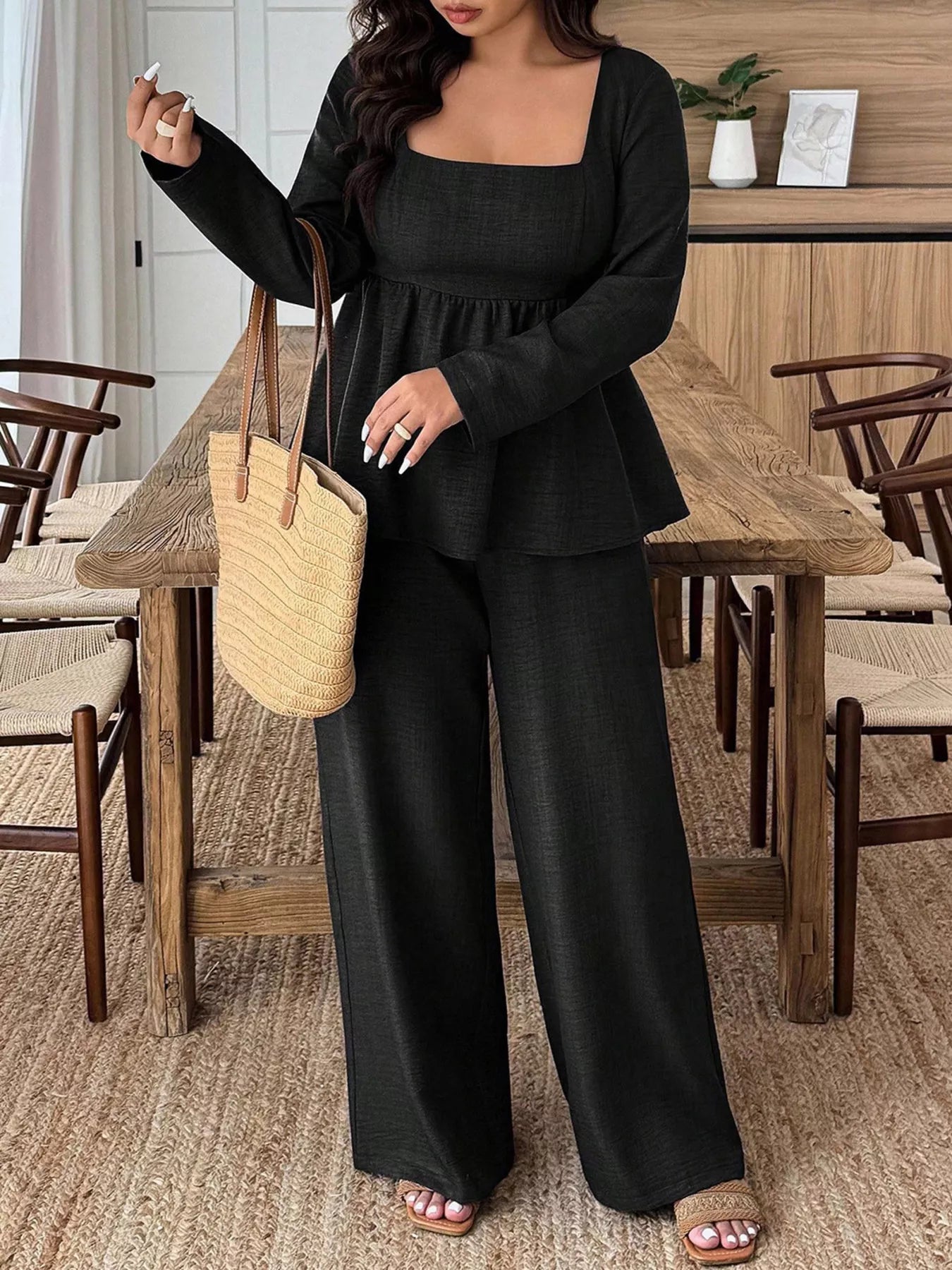 Hazel Blues® | Square Neck Long Sleeve Top and Pants Two-Piece Set