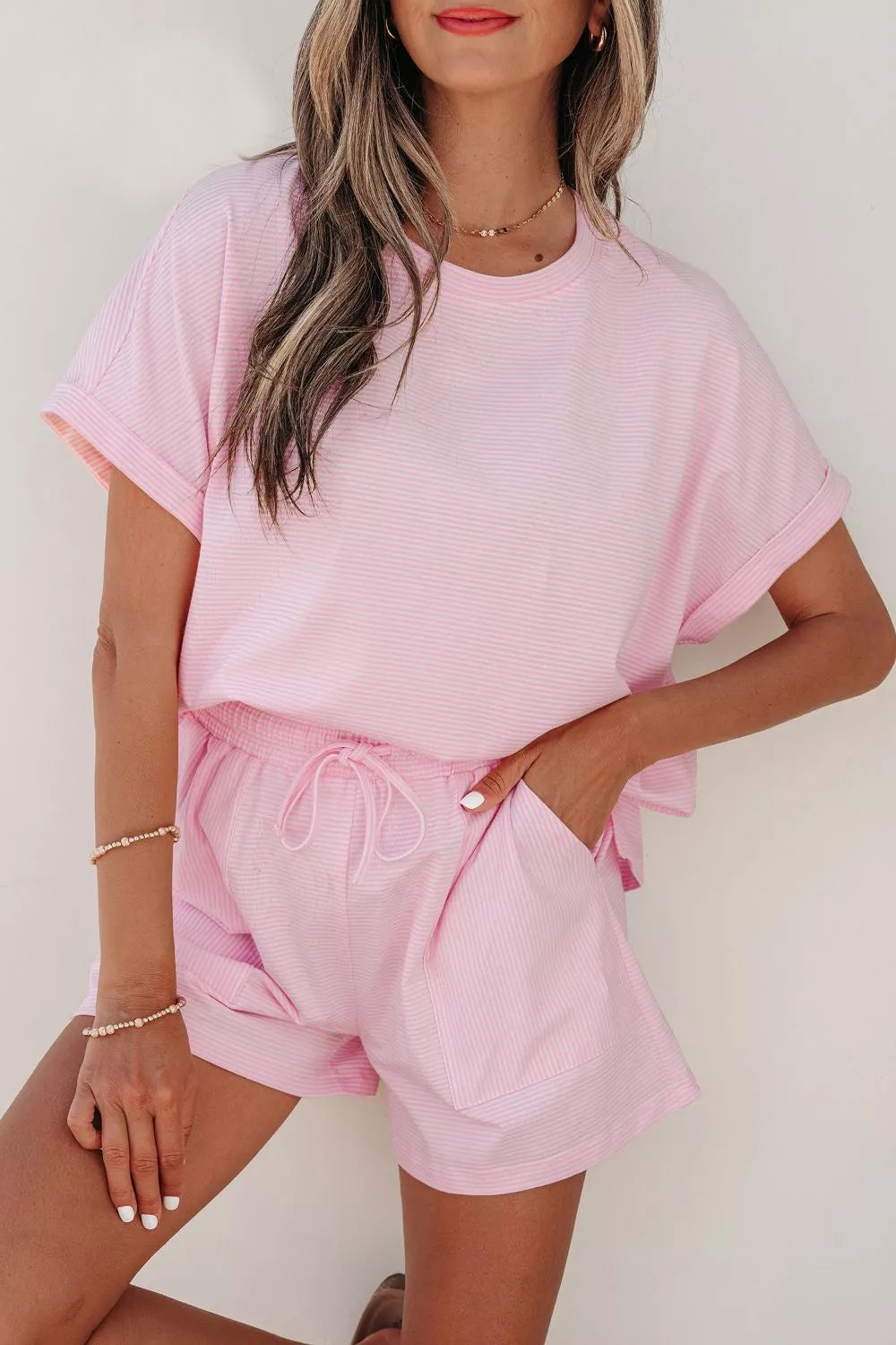 Hazel Blues® | Stripe Matching Oversized Tee and Drawstring Shorts Set