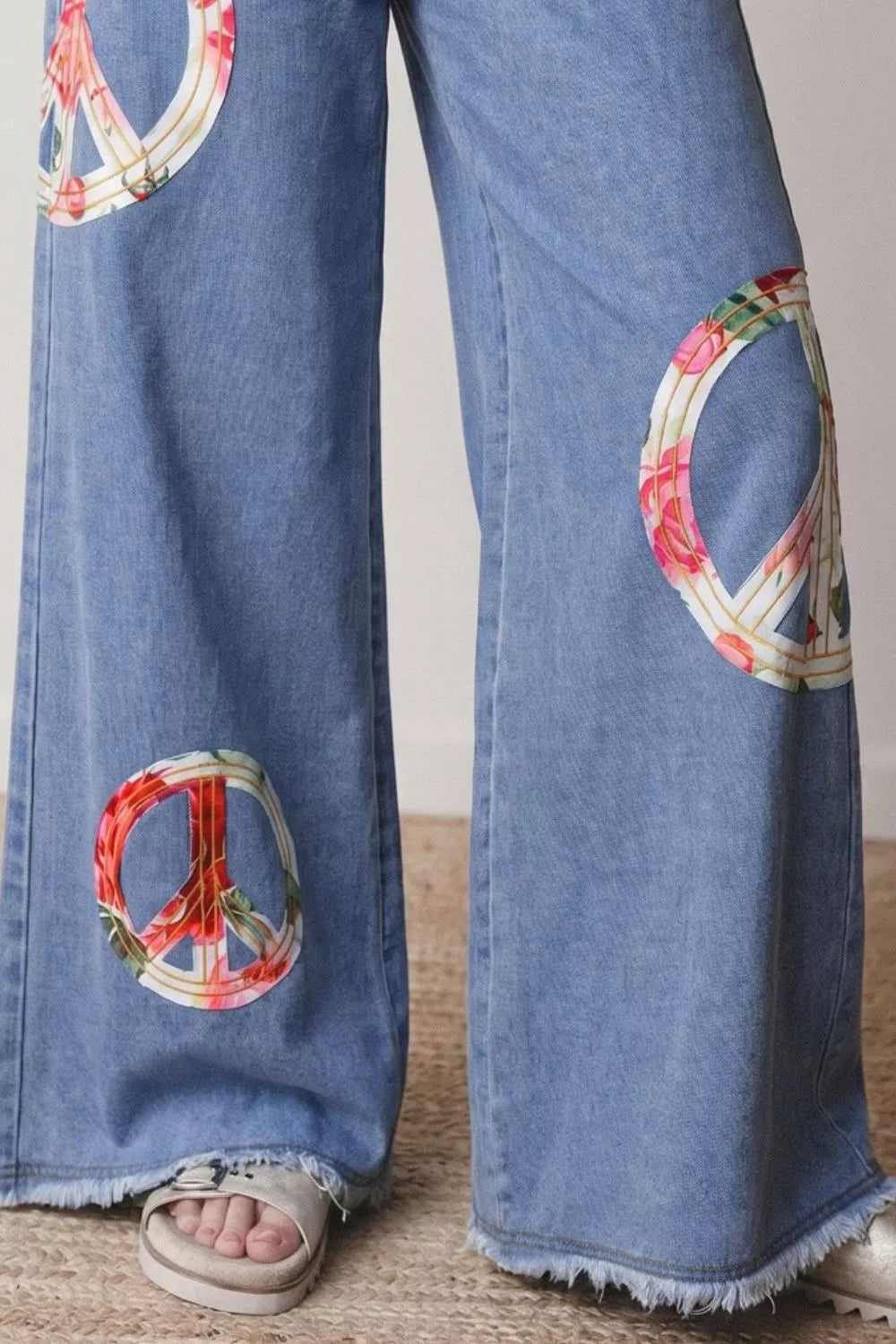 Hazel Blues® | Floral Peace Sign Wide Leg Jeans