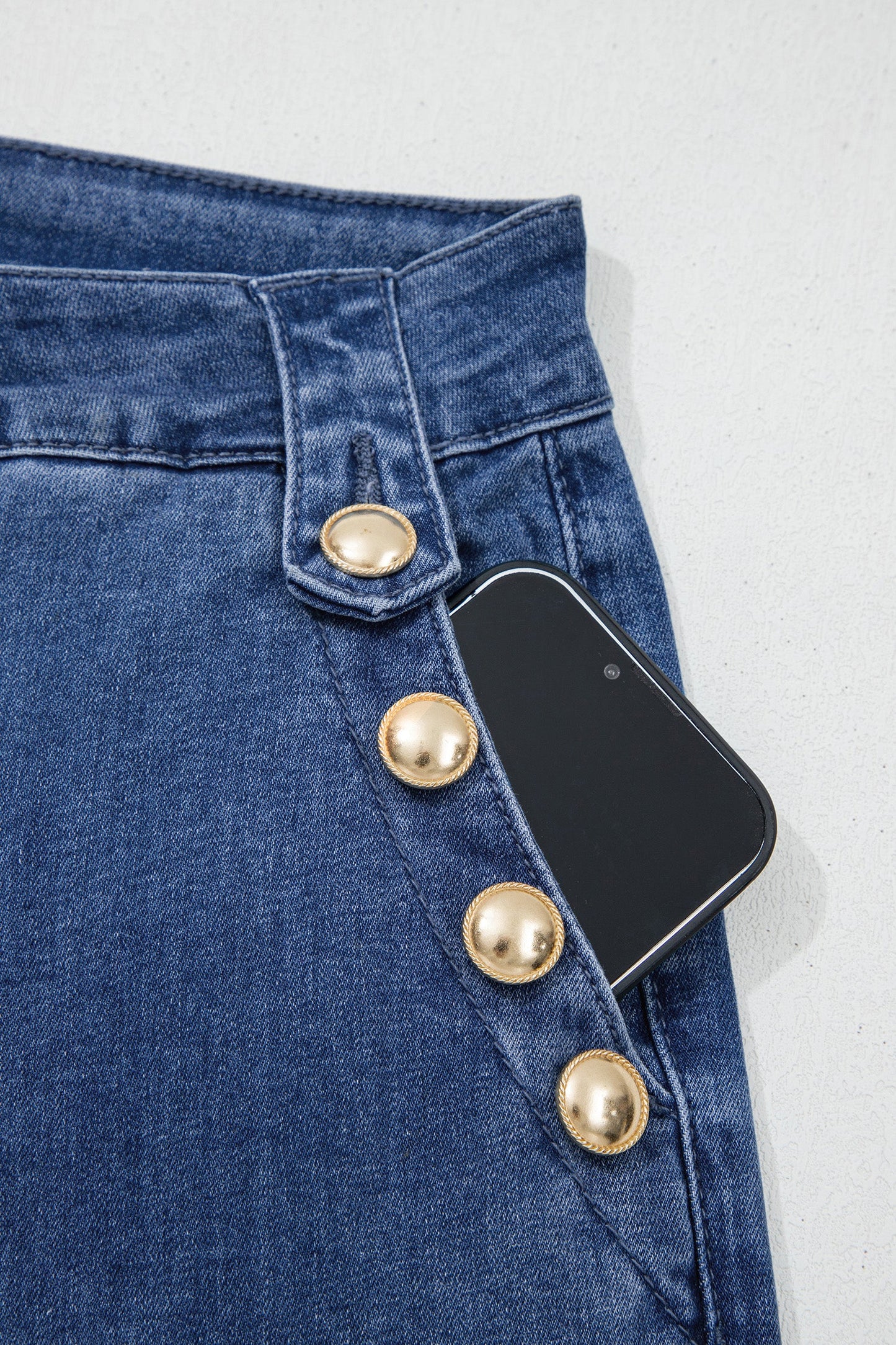 Hazel Blues® | Ashleigh Blue Golden Button Detail Rolled Edge Flare Leg Jeans