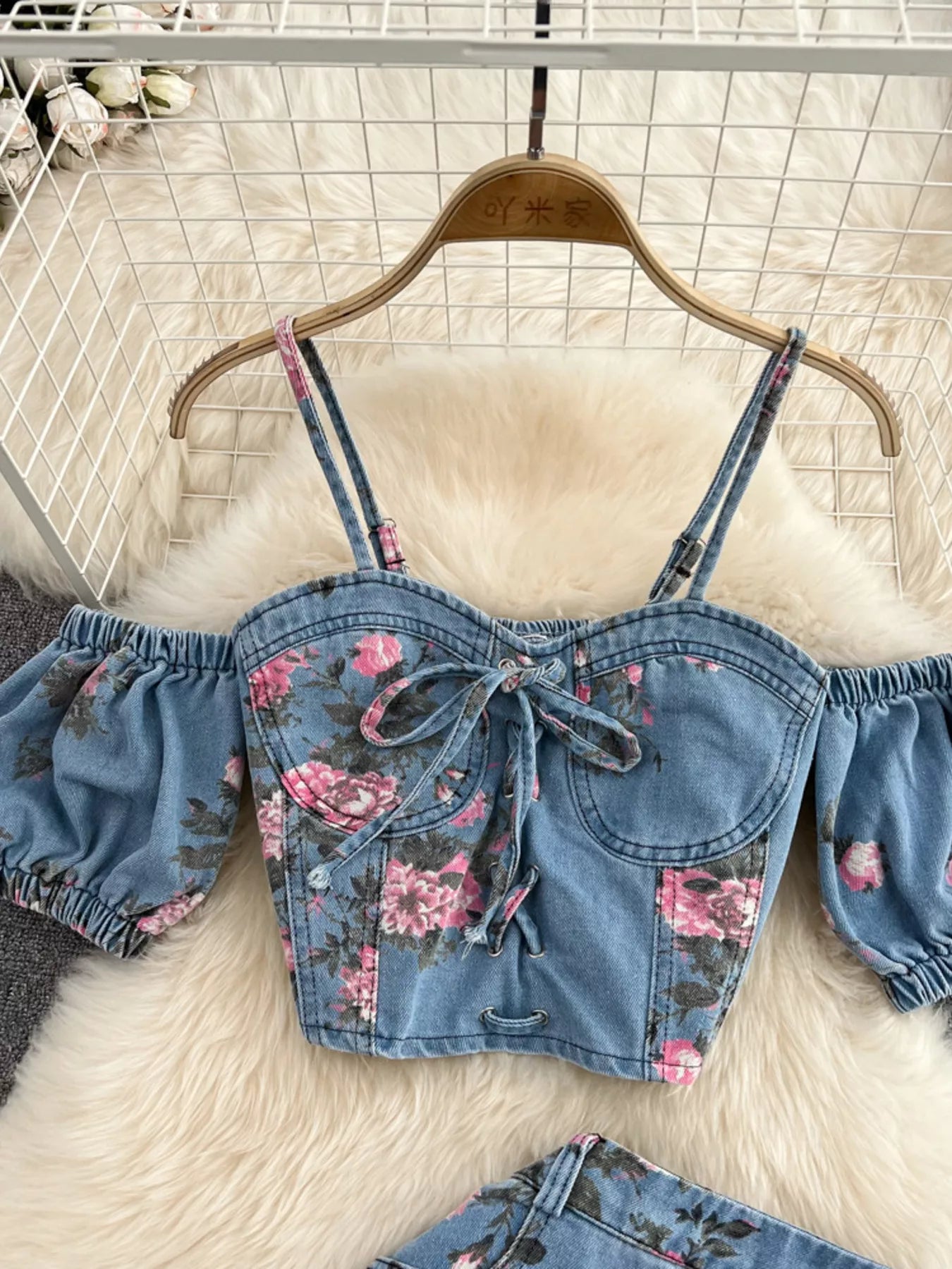 Hazel Blues® | Floral Print Sweetheart Neck Cami and Skirt Denim Set