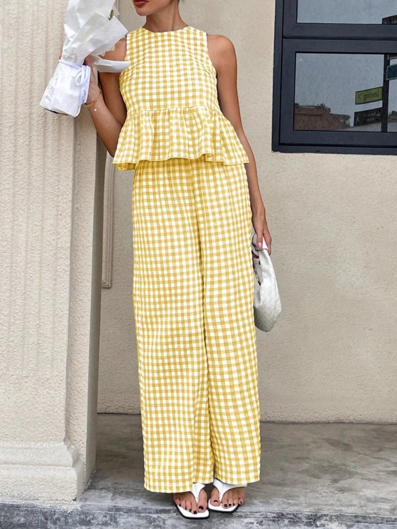 Hazel Blues® | Gingham Sleeveless Top and Wide-Leg Pants Set