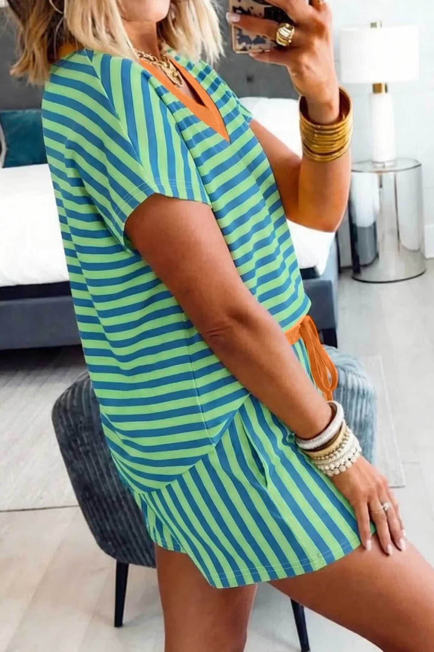 Hazel Blues® | Stripe Colorblock Trim V Neck Tee Drawstring Elastic Waist Short Set
