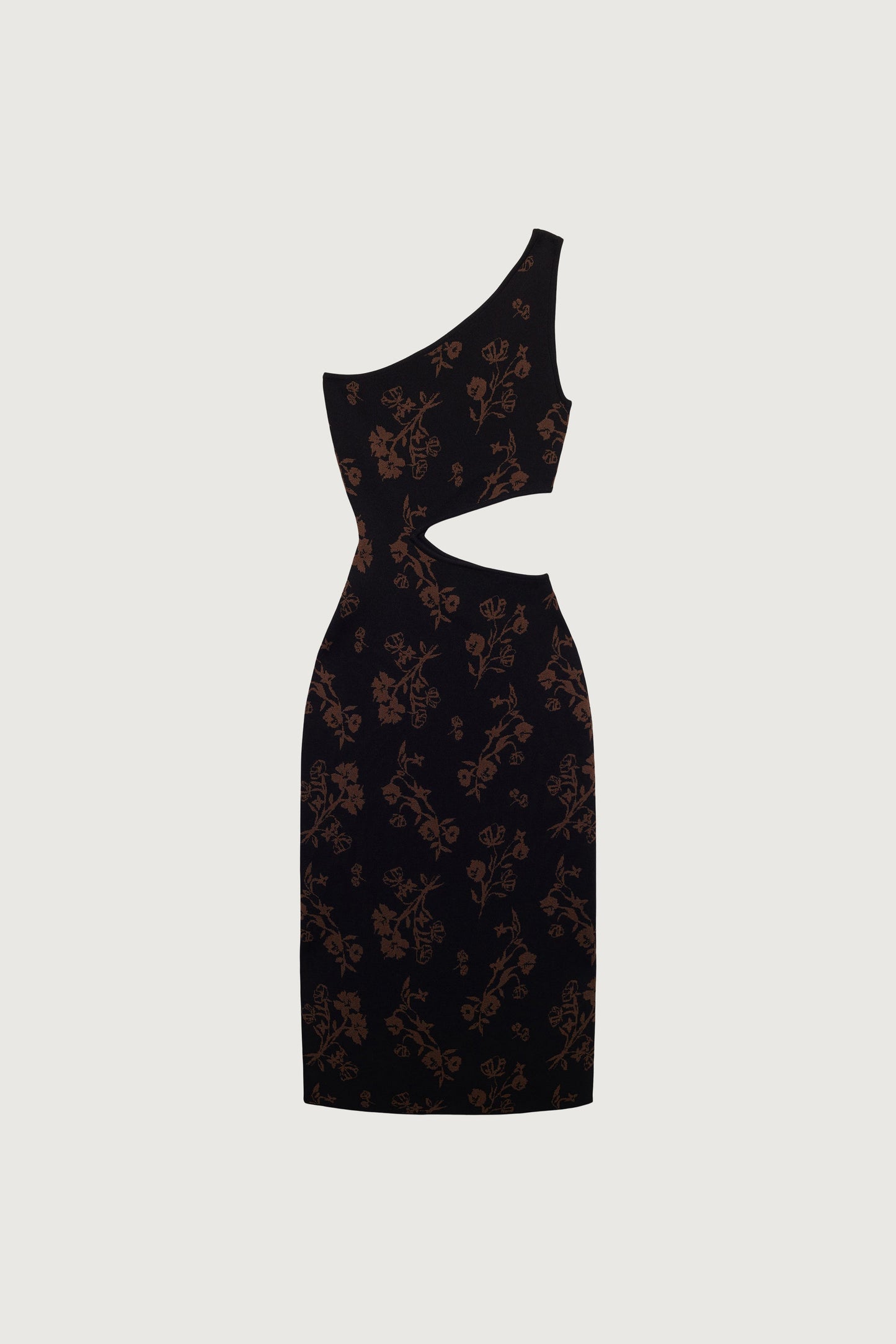ONE SHOULDER KNIT FLORAL MIDI DRESS WITH CUTOUT