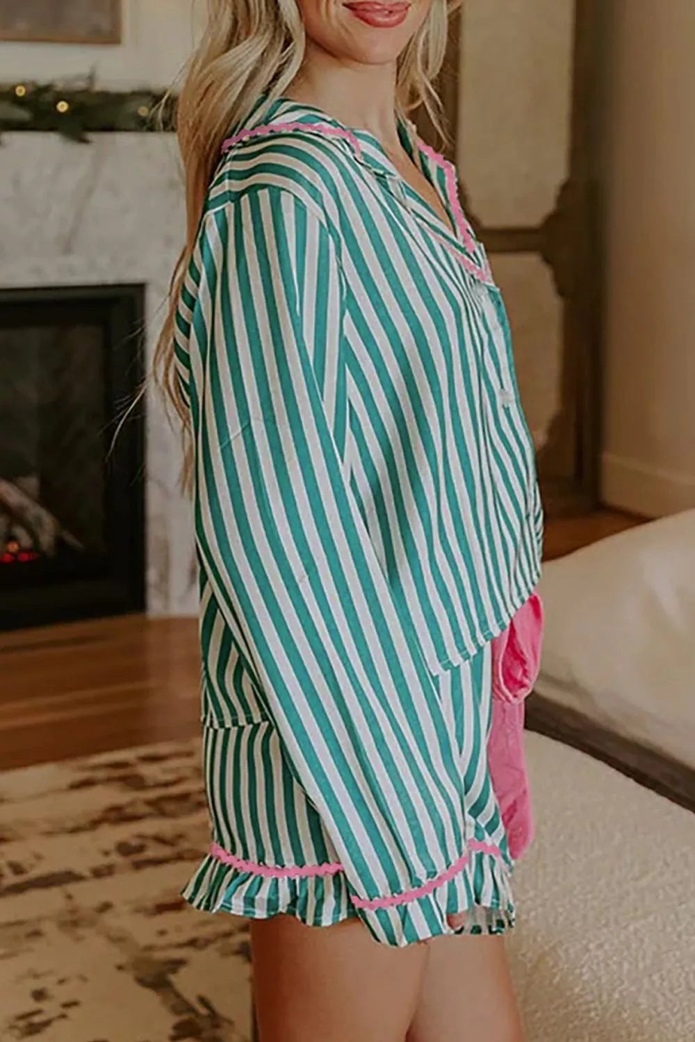 Hazel Blues® | Stripe Contrast Ricrac Trim Long Sleeve Shirt Drawstring Ruffled Pajama Short Set
