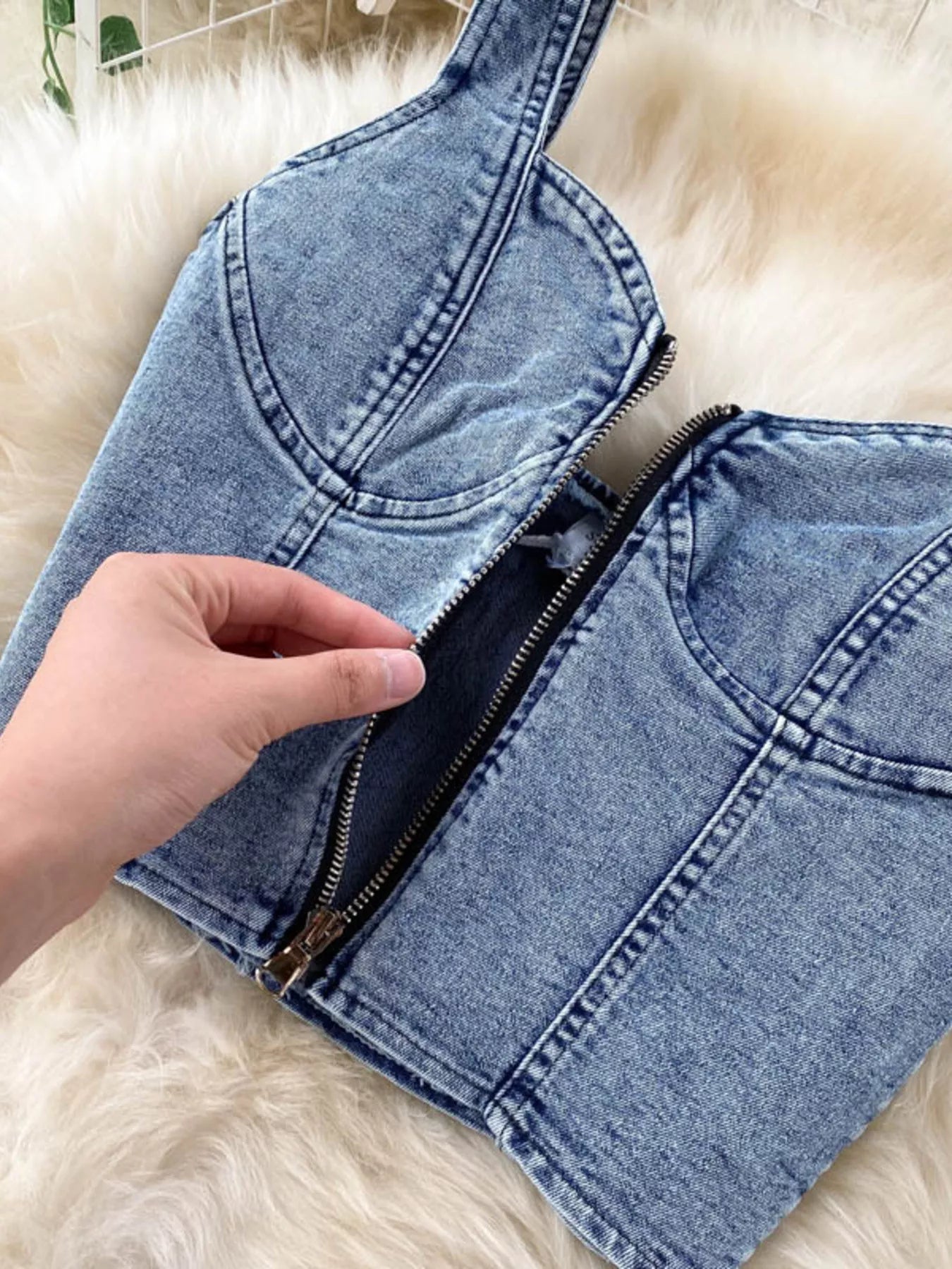 Hazel Blues® | Zipper Top & Button Slit Skirt Denim Set