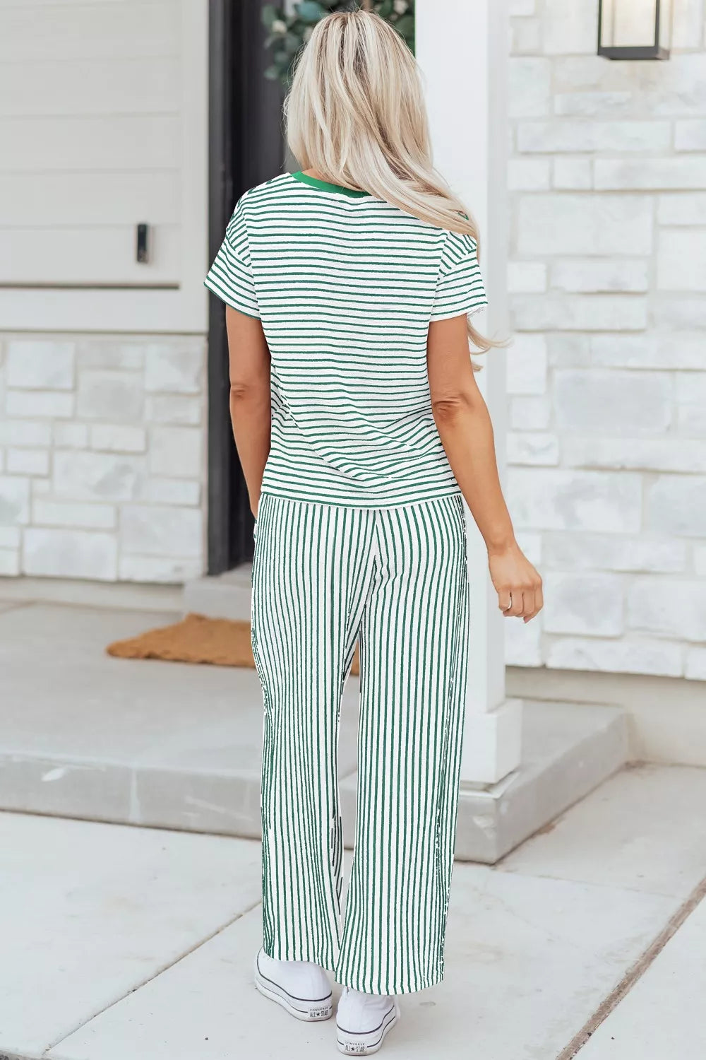 Hazel Blues® | Stripe Crew Neck Tee Drawstring Waist Cropped Pants Set