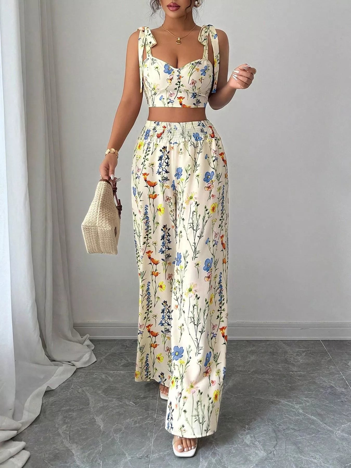 Hazel Blues® | Floral Print Tie-Shoulder Crop Top & Wide Leg Pants Set