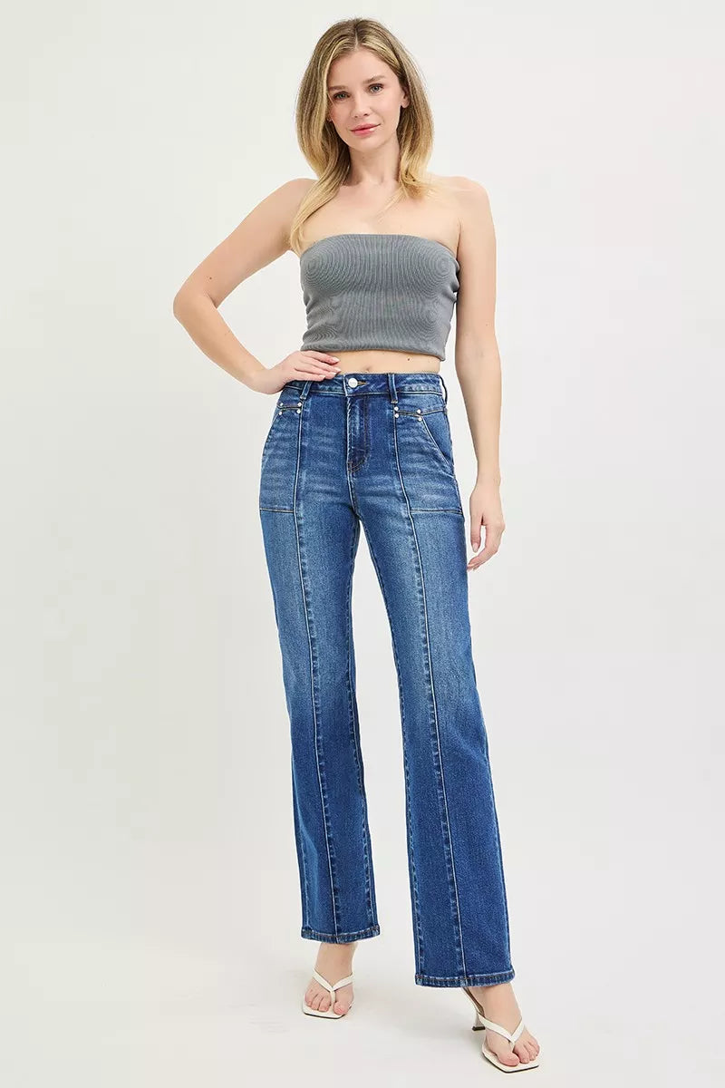 Hazel Blues® | RISEN High Rise Straight Patch Pocket Seamed Jeans