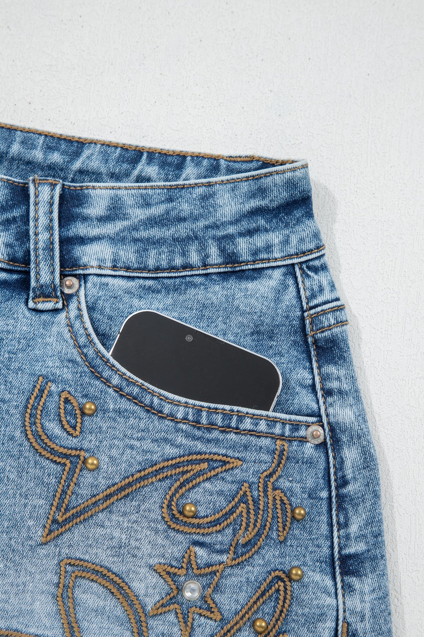 Hazel Blues® | Dusk Blue Western Embroidery Stud Denim Shorts Summer Daily Wear