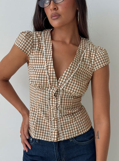 Bradlie Frill Detail Short Sleeve Blouse Top Chocolate Gingham