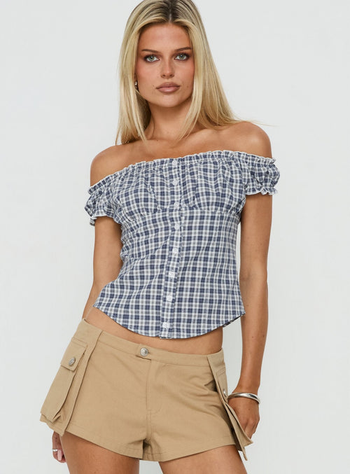Bravely Off Shoulder Button Up Top Blue Check