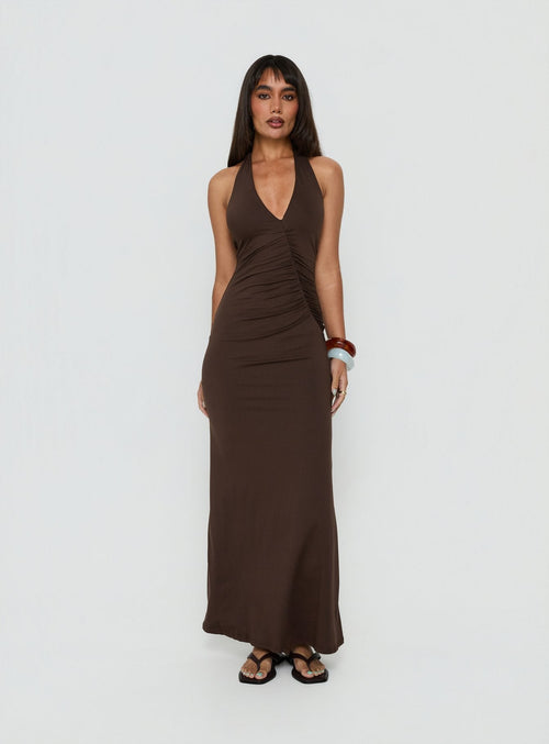 Cadira Ruched Halter Maxi Dress Chocolate