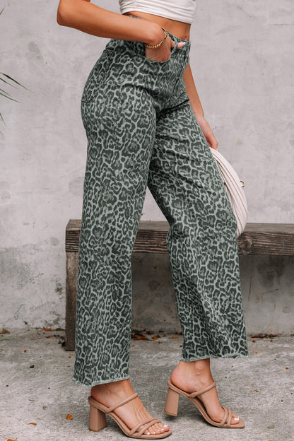 Hazel Blues® |  Gray Leopard Frayed Edge Wide Leg High Waist Jeans
