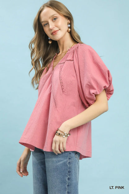 Hazel Blues® |  Umgee Lace Inset Puff Sleeve Boho Blouse