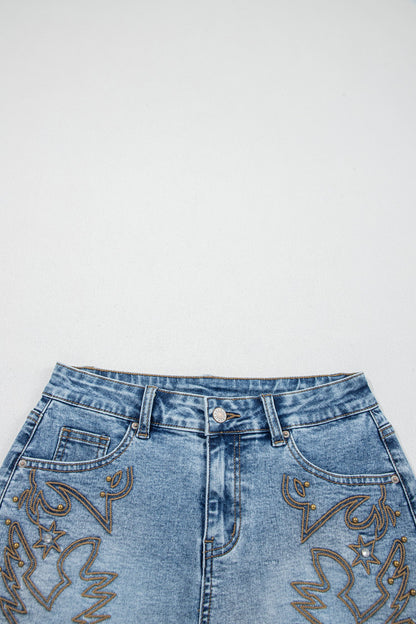 Hazel Blues® |  Dusk Blue Western Embroidery Stud Denim Shorts Summer Daily Wear