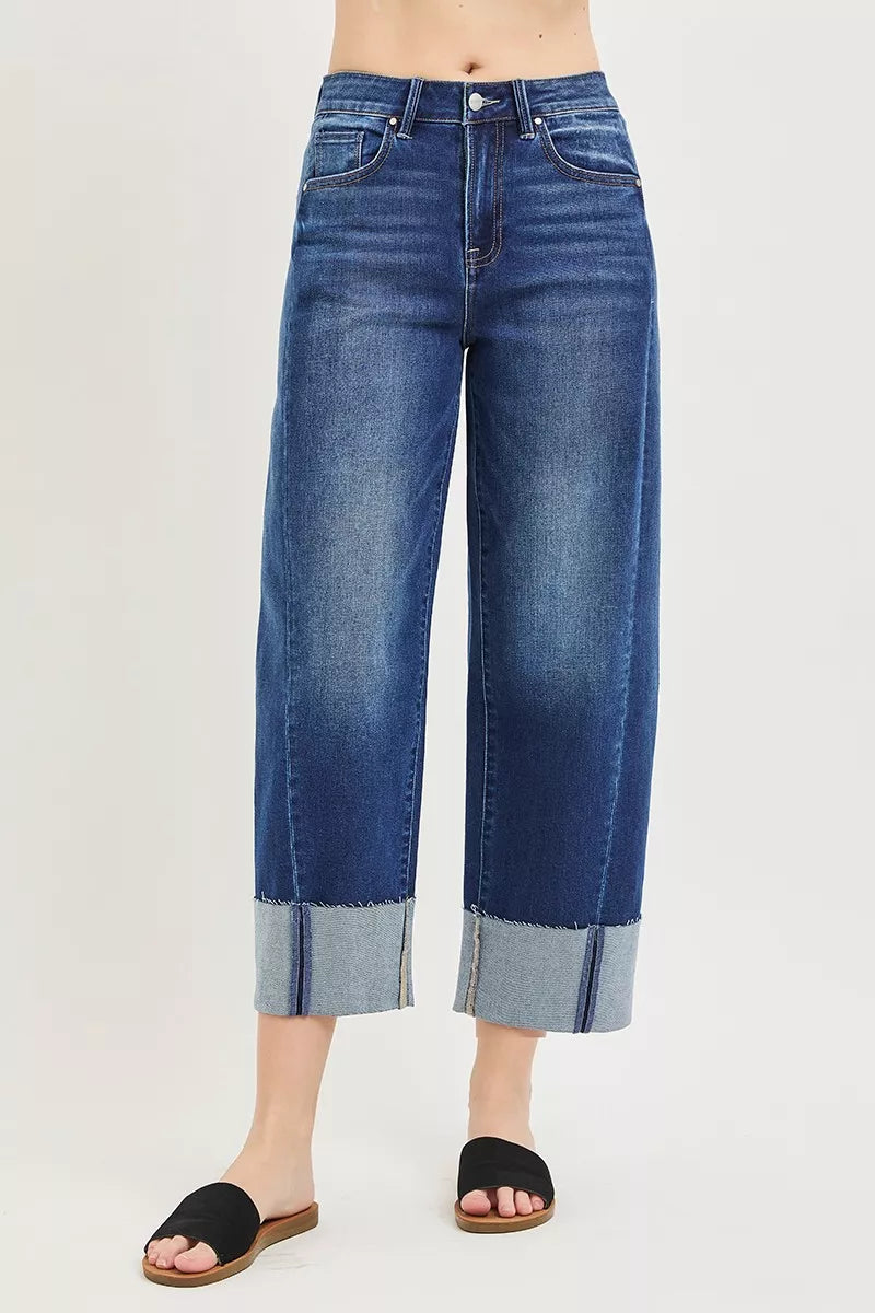 Hazel Blues® | RISEN Slouchy Crop Barrel Cuffed Jeans