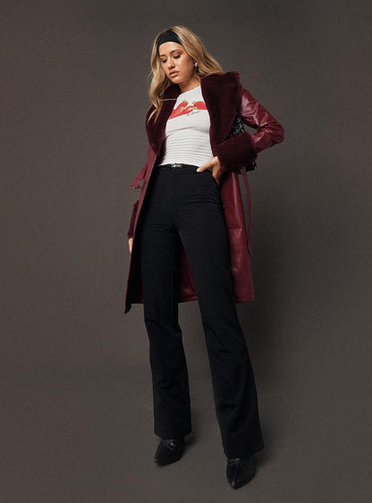 Brooklyn Faux Leather Longline Coat Burgundy