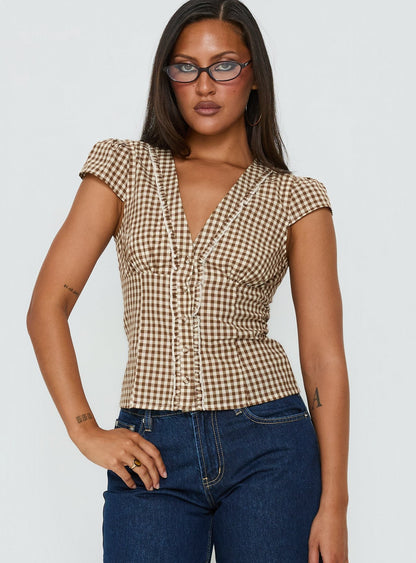 Bradlie Frill Detail Short Sleeve Blouse Top Chocolate Gingham