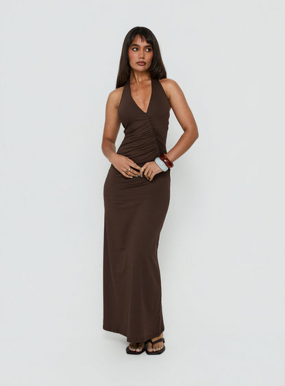 Cadira Ruched Halter Maxi Dress Chocolate