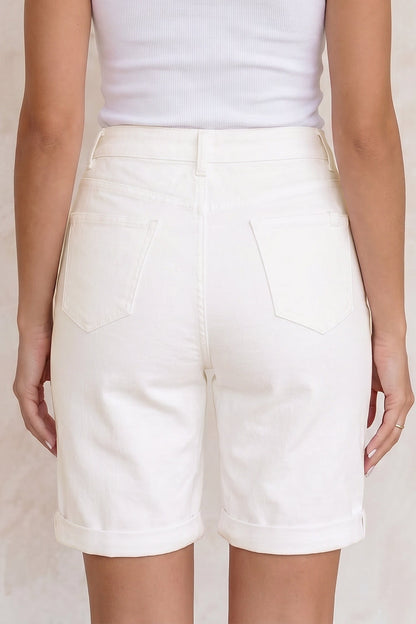 Hazel Blues® |  White Solid Color Rolled Cuffs Denim Bermuda Shorts