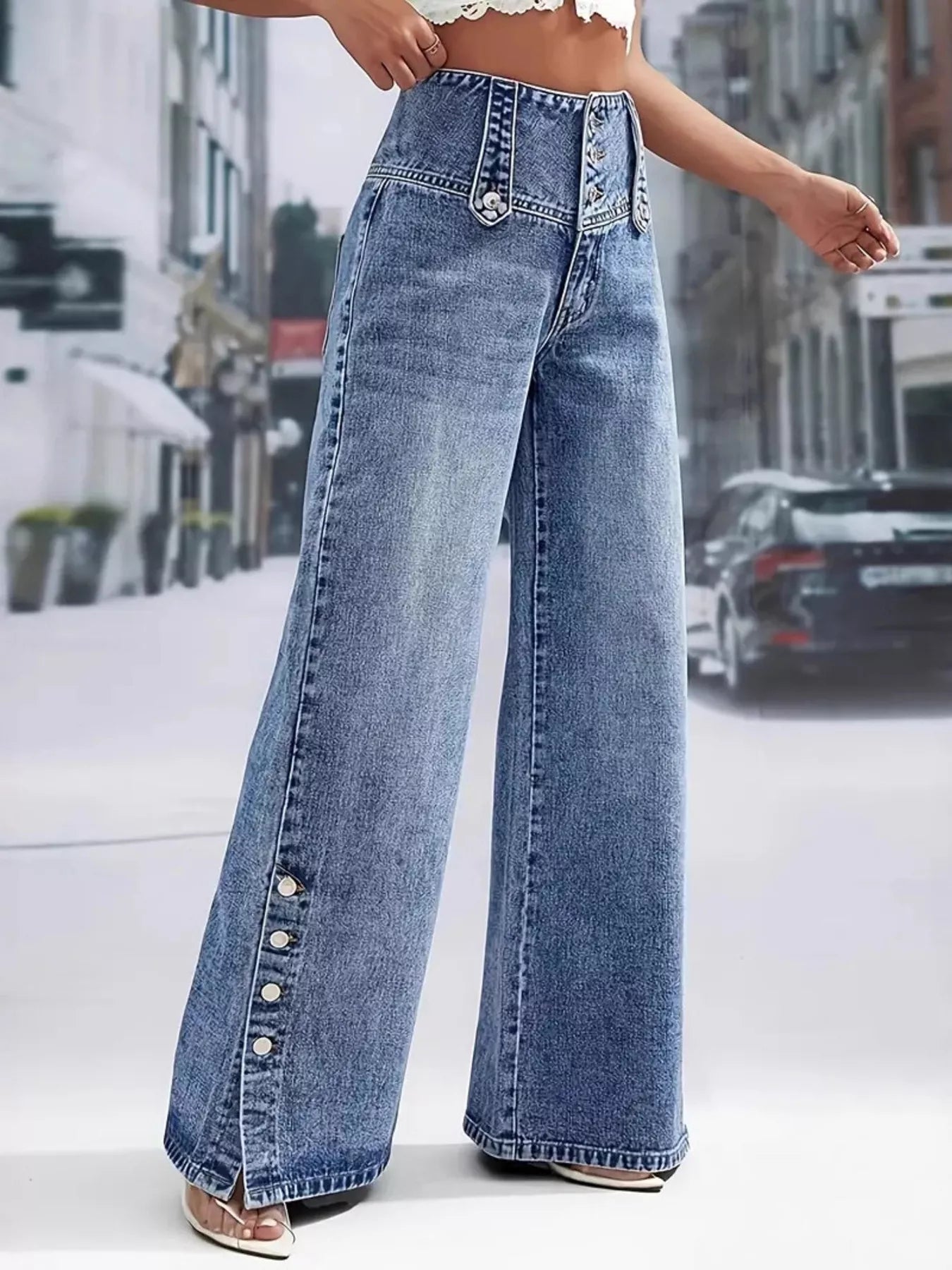 Hazel Blues® |  High Waist Button Decor Wide Leg Jeans
