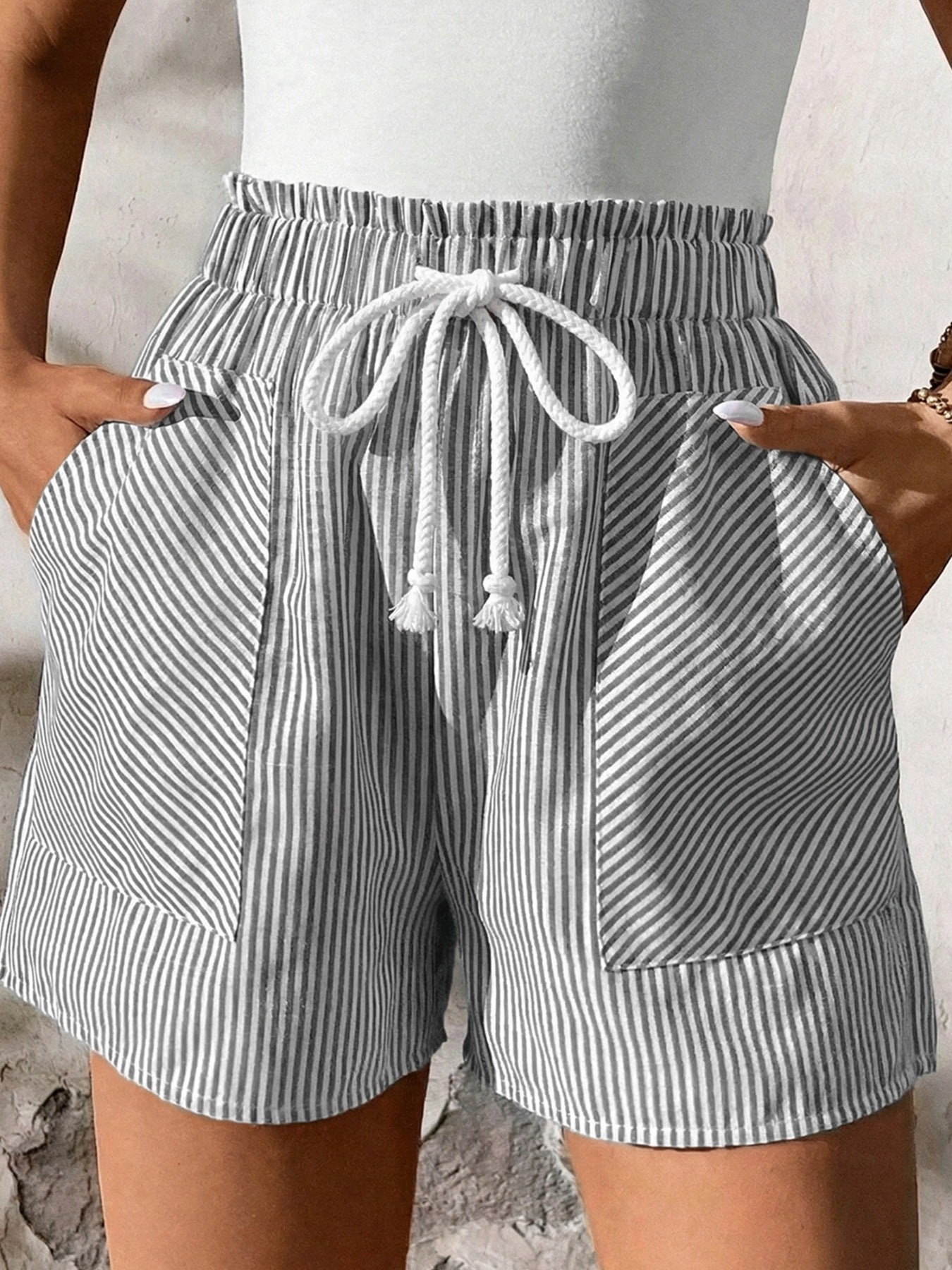 Hazel Blues® |  Striped Elastic Waist Drawstring Shorts