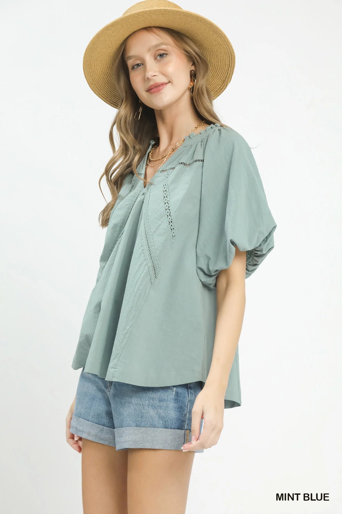 Hazel Blues® |  Umgee Lace Inset Puff Sleeve Boho Blouse