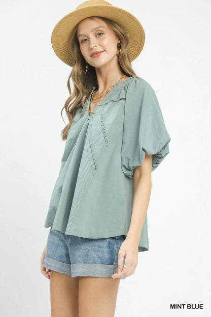 Hazel Blues® |  Umgee Lace Inset Puff Sleeve Boho Blouse