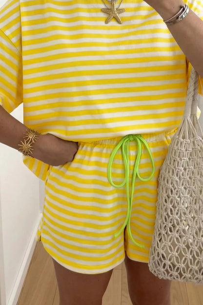 Hazel Blues® |  Stripe Contrast Neck Loose Tee and Drawstring Shorts Set