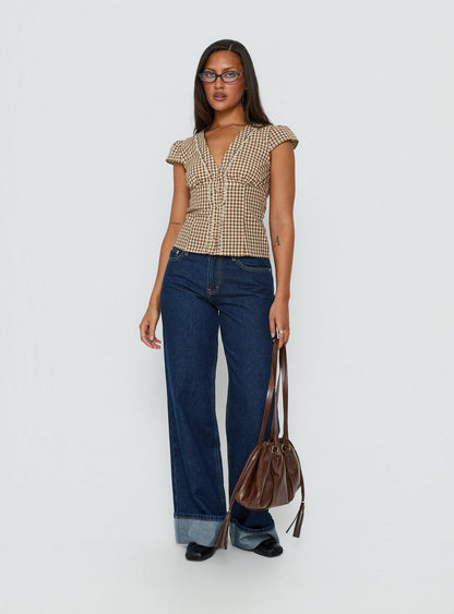 Bradlie Frill Detail Short Sleeve Blouse Top Chocolate Gingham
