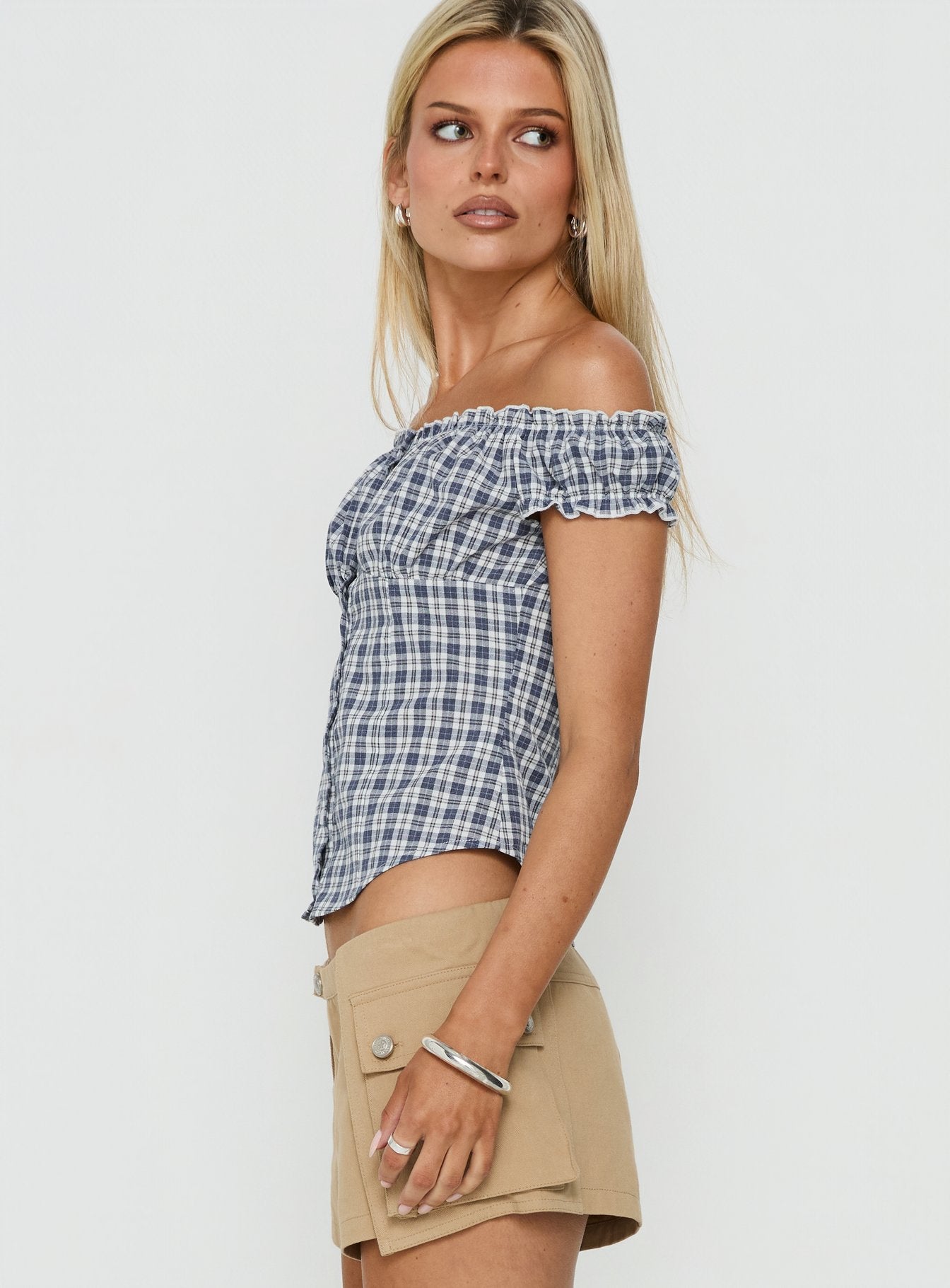 Bravely Off Shoulder Button Up Top Blue Check