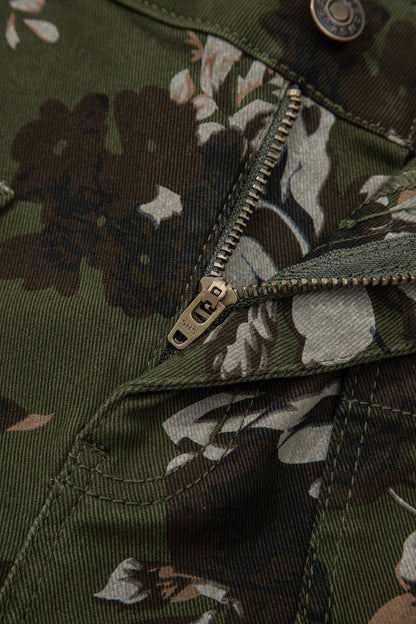 Hazel Blues® |  Green Vintage Floral Print Square Patch Pocket Raw Hem Shift Jeans