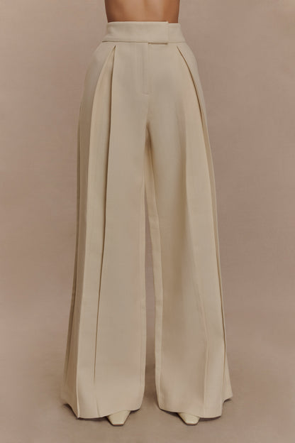 Raya Mid Rise Wide Leg Linen Pant - Natural Beige
