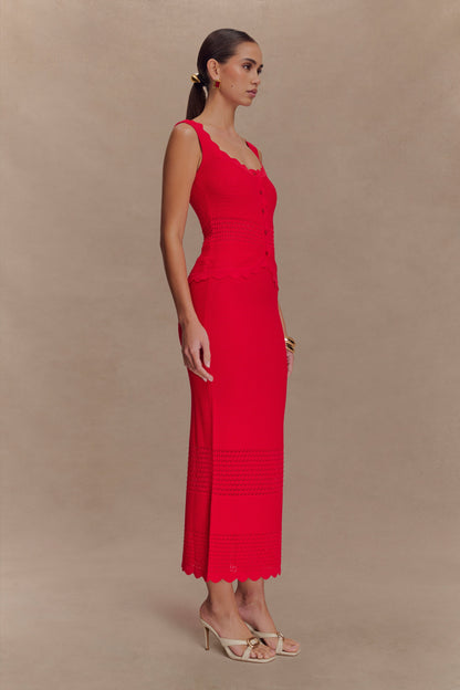 Madeline Scallop Knit Midi Skirt - Red