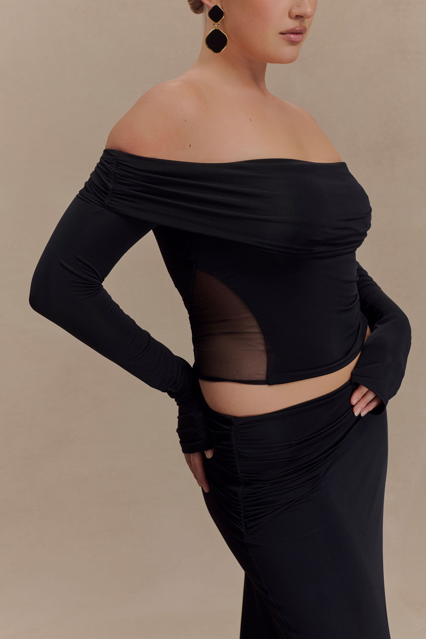 Judy Slinky And Mesh Off Shoulder Top - Black