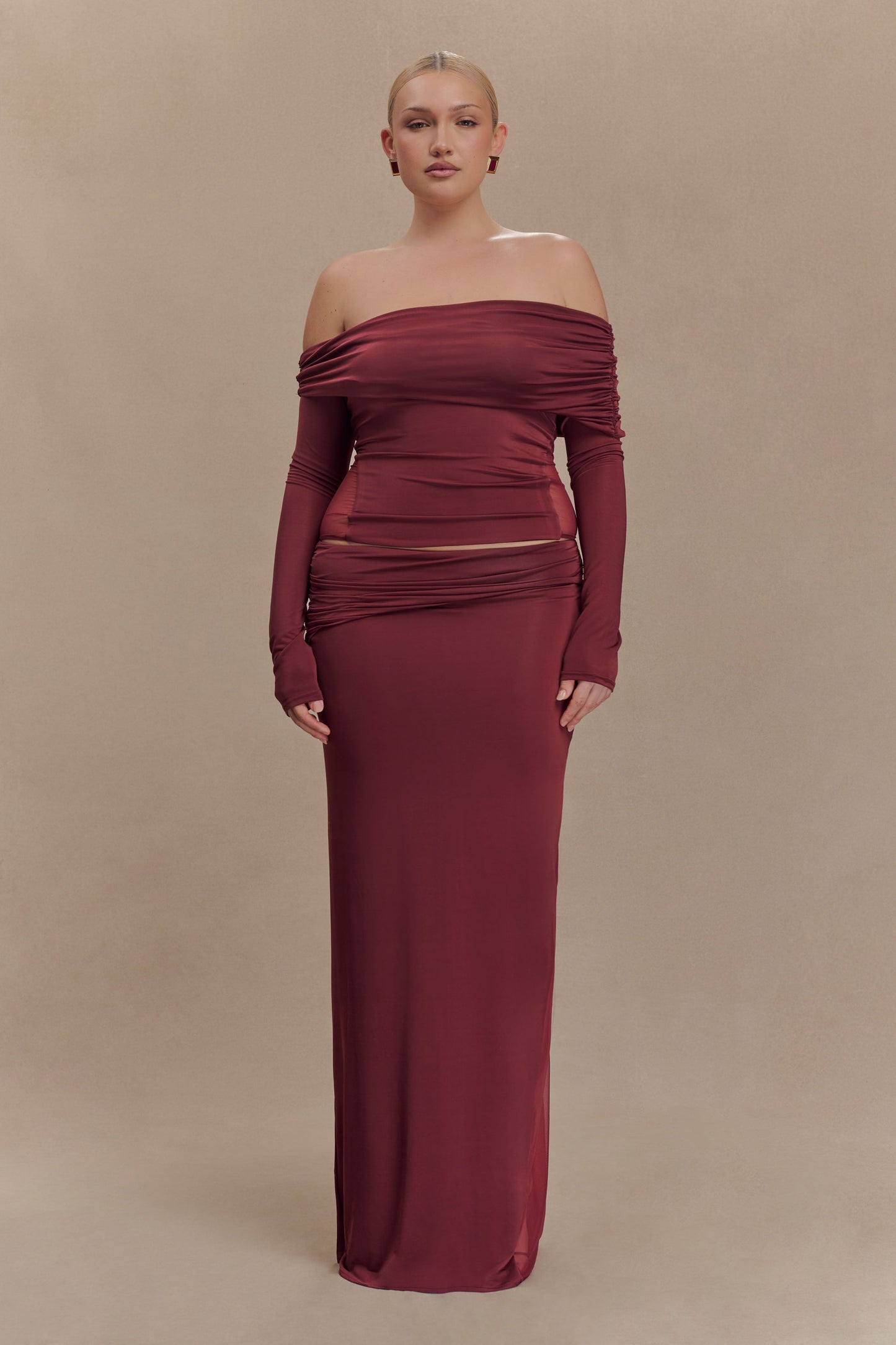 Judy Slinky And Mesh Off Shoulder Top - Wine