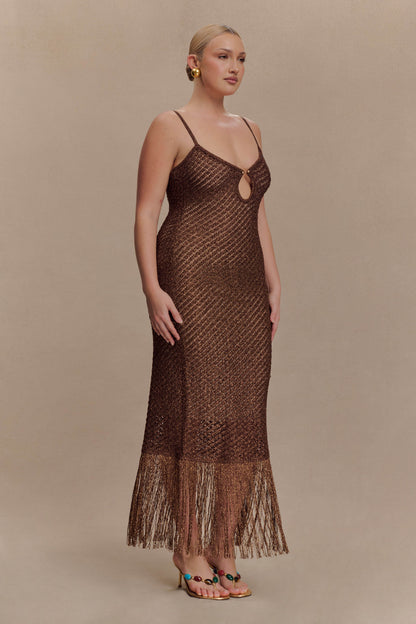 Raelynn Metallic Knit Fringe Midi Dress - Dark Chocolate