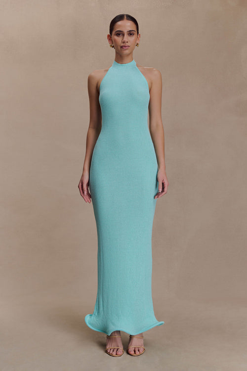 Melodie Halter Knit Maxi Dress - Cyan Blue
