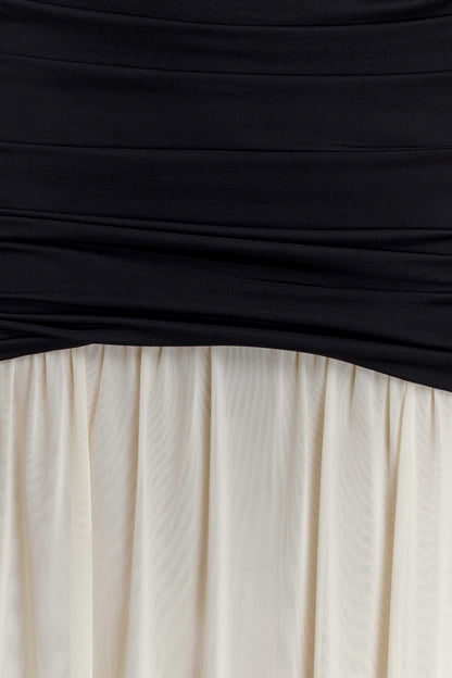 Hailee Slinky And Mesh Halter Maxi Dress - Black/White