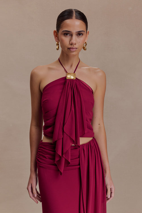 Celina Chiffon Halter Top With Hardware - Cherry Red