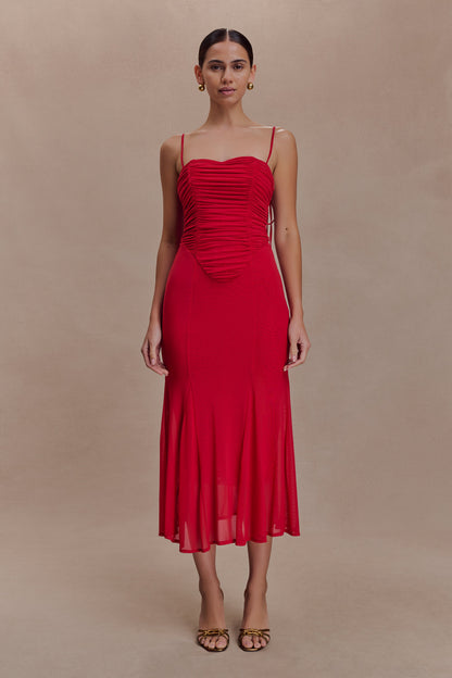 Willa Gathered Mesh Midi Dress - Ruby