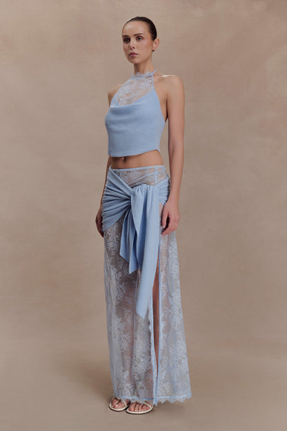 Lucy Lace And Knit Halter Top - Cornflower Blue
