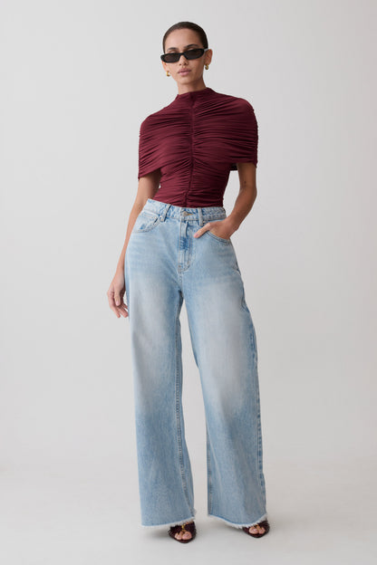 Linh Slinky High Neck Gathered Top - Mahogany