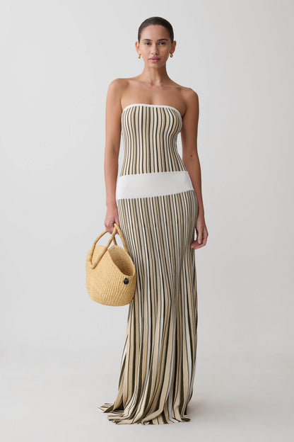 Joyce Stripe Maxi Knit Dress - Khaki/Ivory