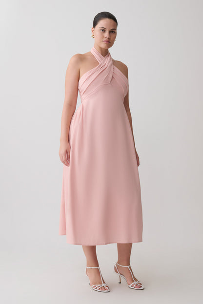 Rosie Linen Halter Midi Dress - Pink