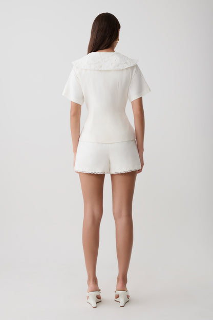 Melody Linen Short With Lace - White